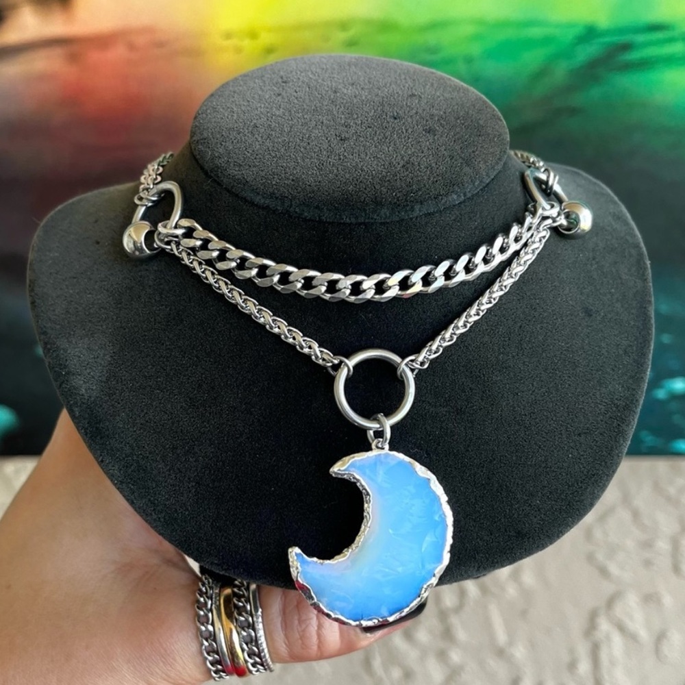 opalite cresecent moon charm on stainless steel choker necklace